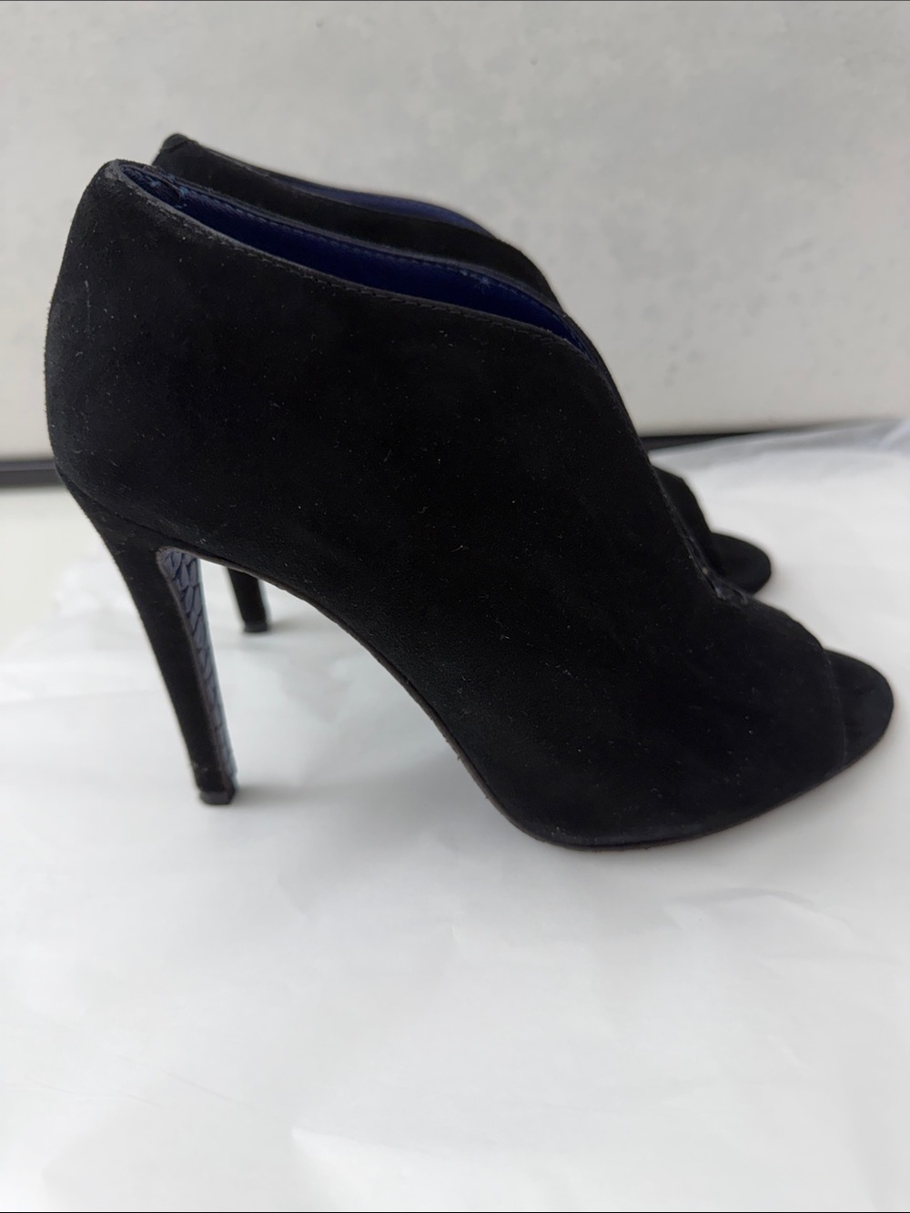 Valentina Rangoni Black Suede Peep-Toe Stiletto Booties